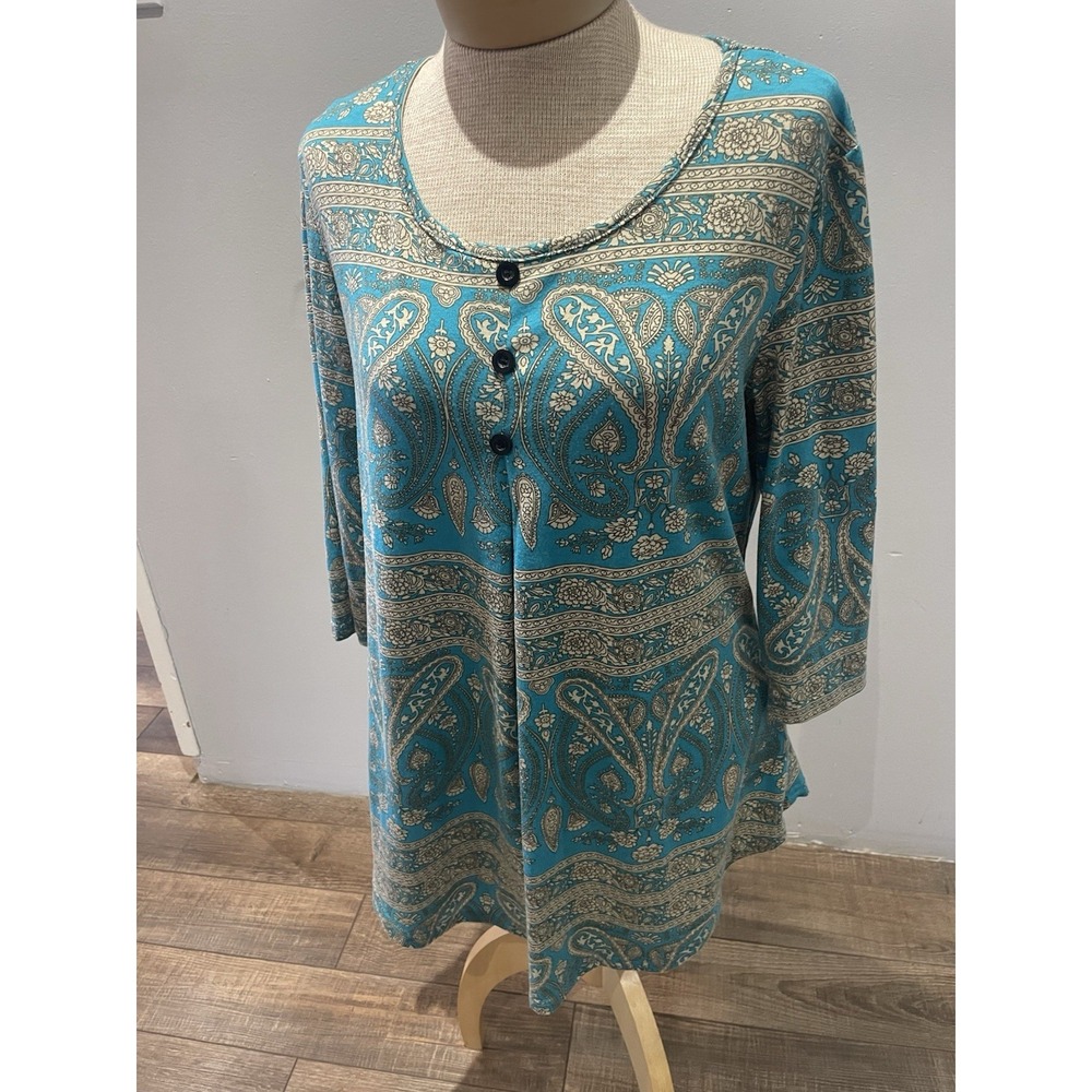 BAISHENG-GT Teal Tan Black Button Floral Paisley 3/4 Sleeve Tunic L Boho Flowy